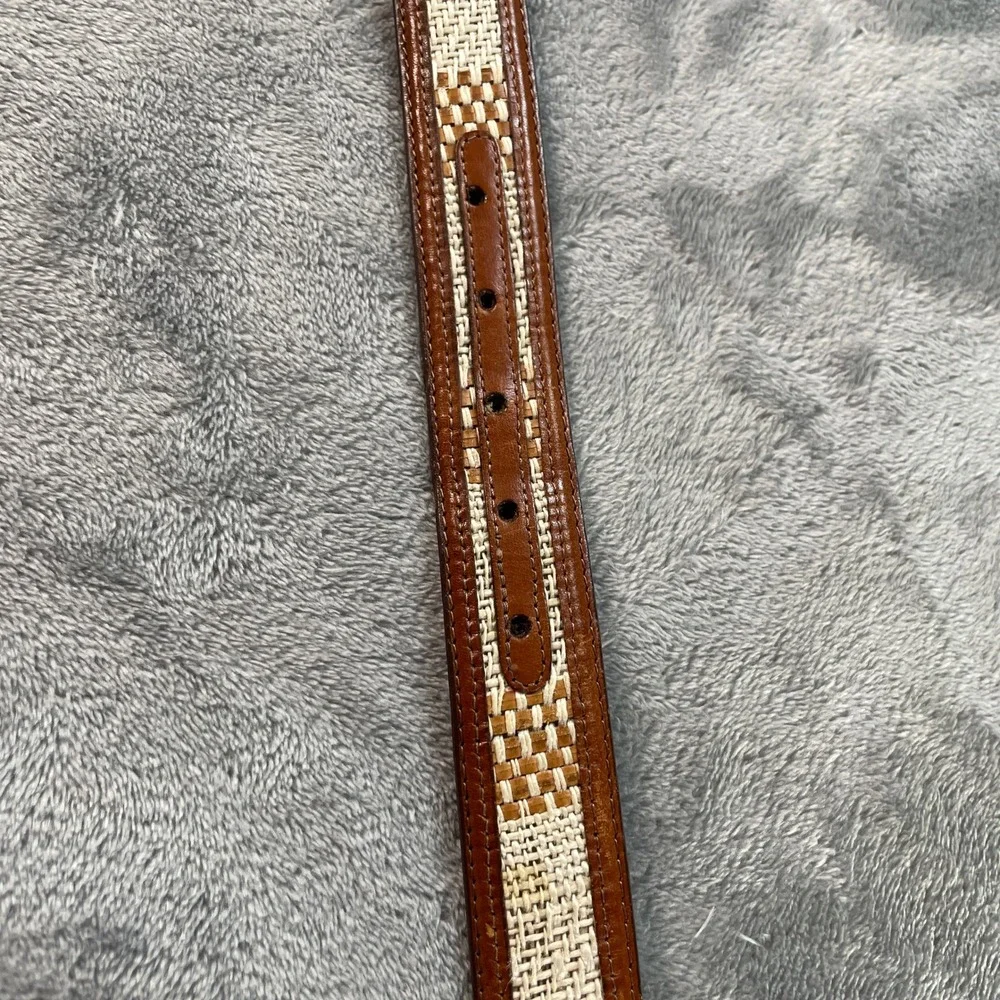 Vtg Aniline Kipskin Leather Woven Inlay Belt Solid Brass Buckle USA Mens 42